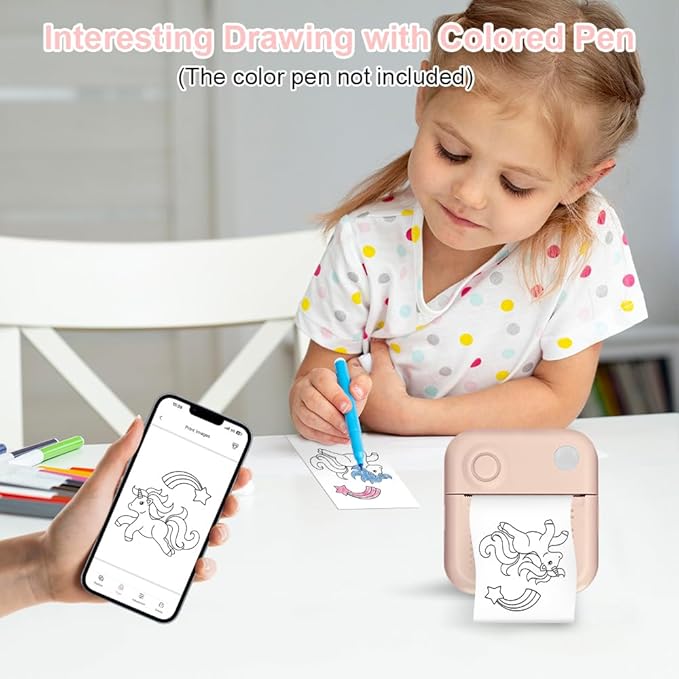 Mini Printer,Thermal Printers Sticker Maker with 3 Rolls Paper,Portable Wireless Bluetooth Inkless Printer, Recharge Pocket Label Maker, Small Printer for Scrapbook Supplies,Photo, Pink