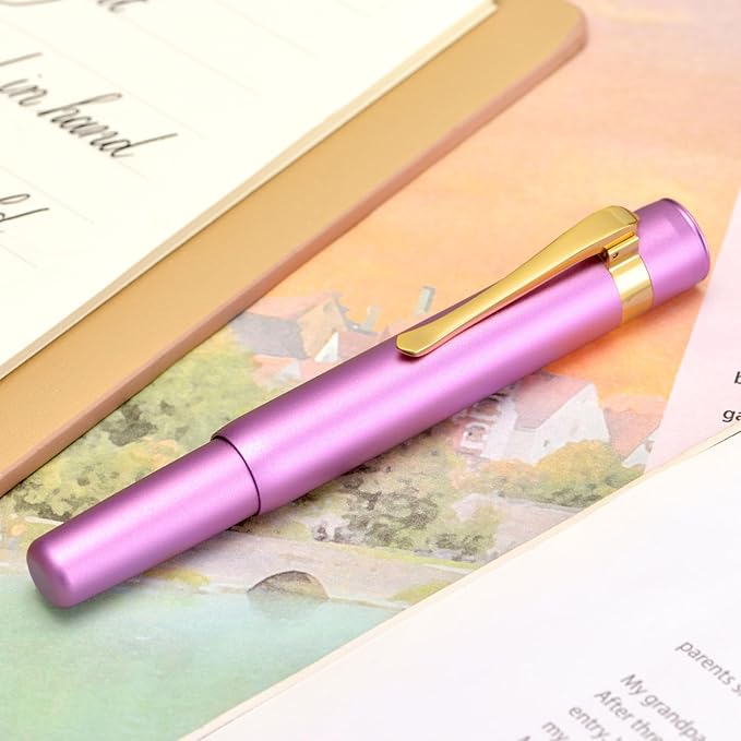Hongdian M2 Black Forest Mini Fountain Pen, Fine Soft Golden Nib & Sleek Shape Aluminium Short Pocket Travel Pen (Lilac Purple)