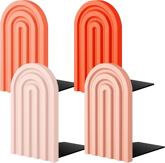Harloon 4 Pieces Boho Arch Wood Bookends Rainbow Arch Back to School Gift Ideas Non Skid Bookend Decorative Wooden Book Stand Book Stoppers for Books Movies CDs(Vintage Color)