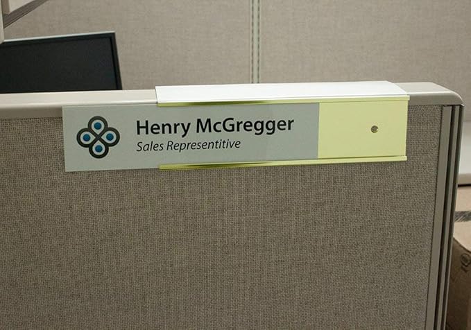The Original Over the Cube - Quality Aluminum, Changeable Cubicle Nameplate Holder, Satin Silver Base, and Polished Yellow Gold Name Plate Holder, (2.25" Cubicle Wall Depth) - Made in The USA