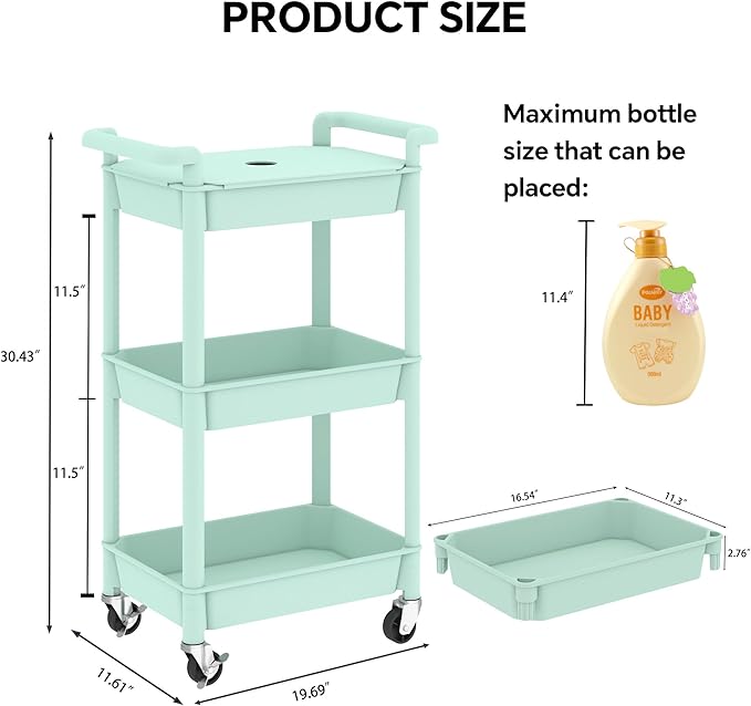 3-Tier Utility Rolling Cart with Cover Top Board, Mobile Utility Cart with Lockable Casters Multi-Functional Storage Trolley for Office, Bathroom, Kitchen, Garden, Laundry Room (Green)