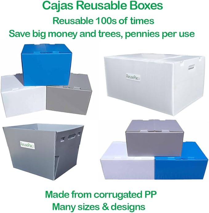 Reusable Foldable Box Corrugated PP, Storage Moving, Heavy Duty Stackable, Tape Free Self-Locking Lid, Handles for Business Home Lightweight In/Outdoors X-Large (Gray, 18x14x12 in)