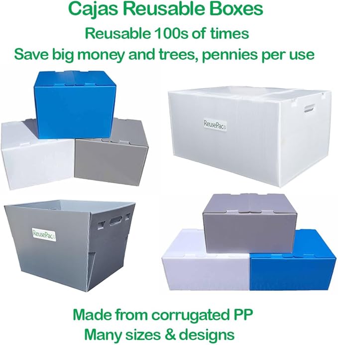 Reusable Foldable Box Corrugated PP Lightweight, Storage Moving, Heavy Duty Stackable, Tape Free Self-Locking Lid, Handles for Business Home In/Outdoors X-Large (Gray, 24x16x12 in)