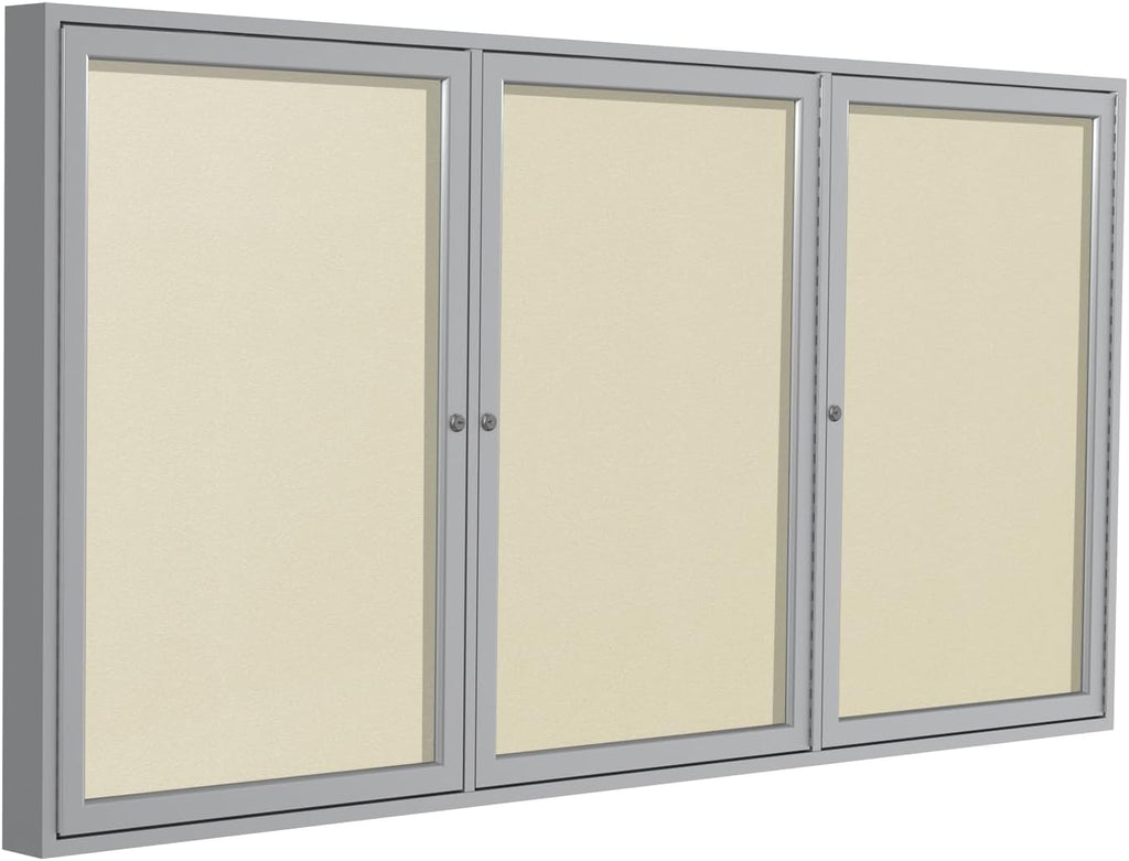 Ghent 36"x72" 3-Door Outdoor Enclosed Vinyl Bulletin Board, Shatter Resistant, with Lock, Satin Aluminum Frame - Ivory (PA33672VX-185), Made in the USA