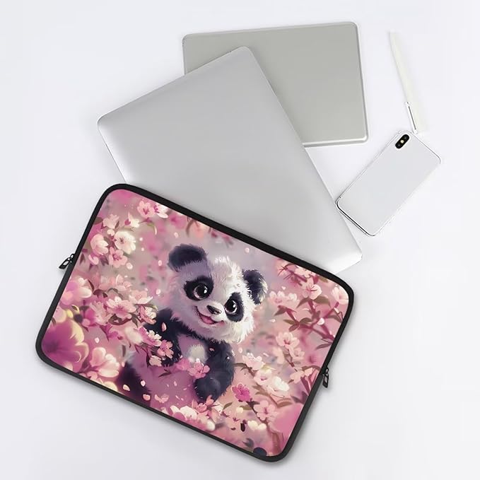 Panda Cherry Blossom Printed Computer Case Bag for Girls Boys, Washable 13 Inch Laptop Bag Carrying Case Laptop Briefcase Neoprene with Zipper, Compatible with Various Computers, Pink
