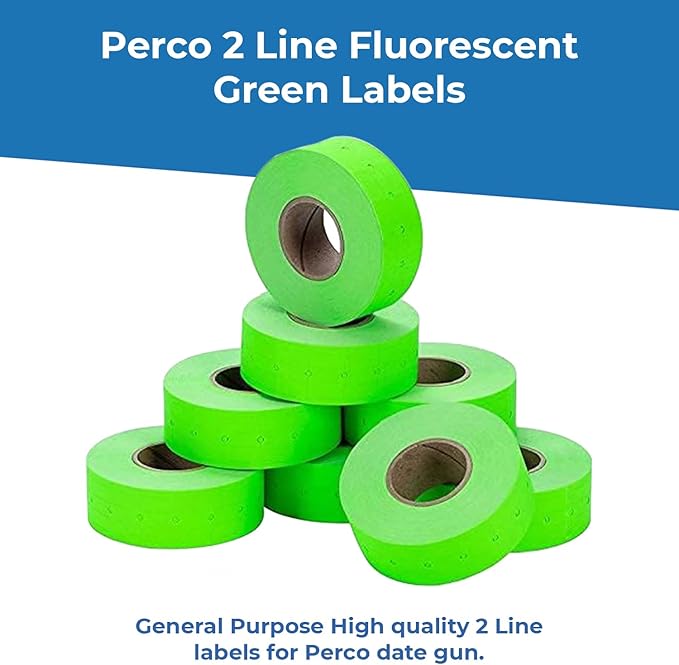Perco 2 Line Fluorescent Green Labels - 80 Rolls, 10 Sleeves, 80,000 Blank Price and Date Gun Labels for Perco 2 Line Price and Date Guns - Made in USA