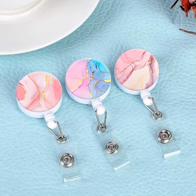 Retractable Badge Reel Clip, Badge Holder with Alligator Clip, Cute Badge Clip on ID Name Card Holders for Nurse Doctor and Office (3Pack Marble Purple & Pink)