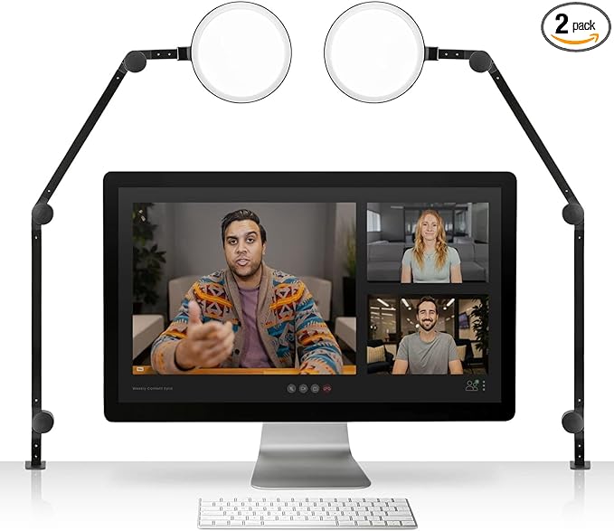 LUME CUBE Edge 2.0 LED Desk Lamp | Dimmable Home Office Desk Light with USB Charging Port & Strong Swing Arm | Adjustable Color Temperature and Brightness | Circle Webcam Light - Black 2pk