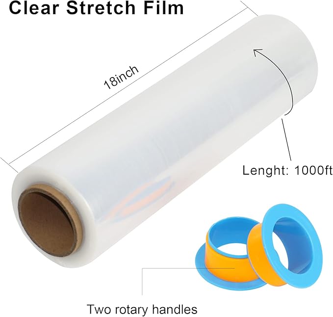 BOMEI PACK Clear Stretch Wrap Roll with Plastic Handle 18" x 1000 Feet 80 Gauge 4 Pack, Shrink Wrap Heavy Duty, Self-Adhering Plastic Wrap for Shipping, Moving