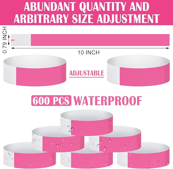 600 Packs Paper Wristbands for Events Neon Party Wristbands Colored Waterproof Paper Club Arm Bands Lightweight Identification for Concert Bar Entrance Admission(Pink)