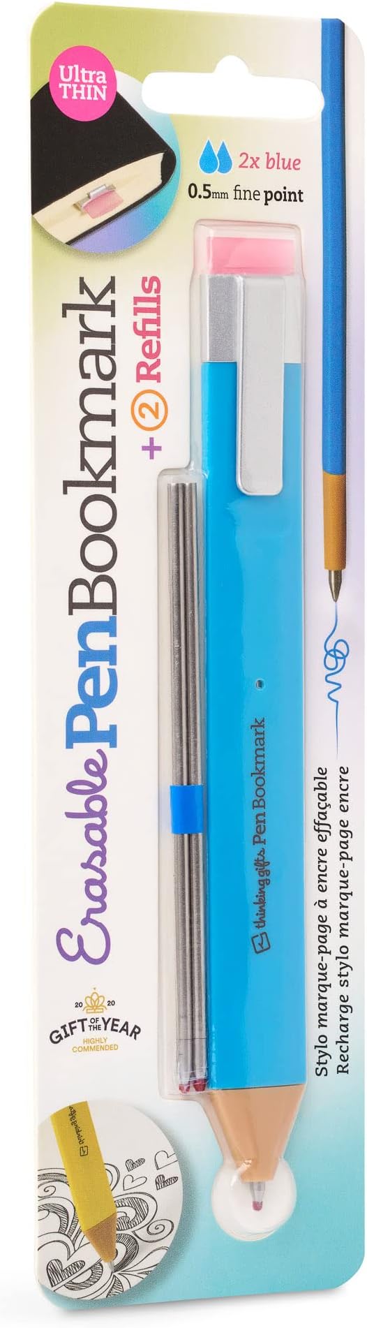 New Pen Bookmark with Refills | Erasable Ballpoint Gel Pen and Bookmark 3-in-1 | Ink Novelty Pen with Eraser | Page Marker | Book Marker | Page Holder Clip | Gift for Reader and Writer (Blue)