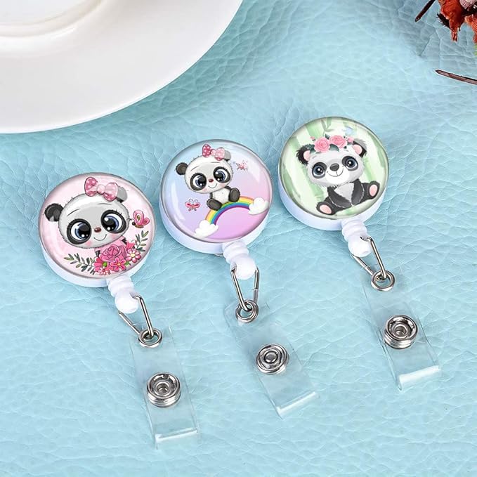Retractable ID Badge Holder,Nurse Badge Reels with Clip,Name Card Holders for Office Worker Doctor Nurse （3 Pack Pretty Panda）