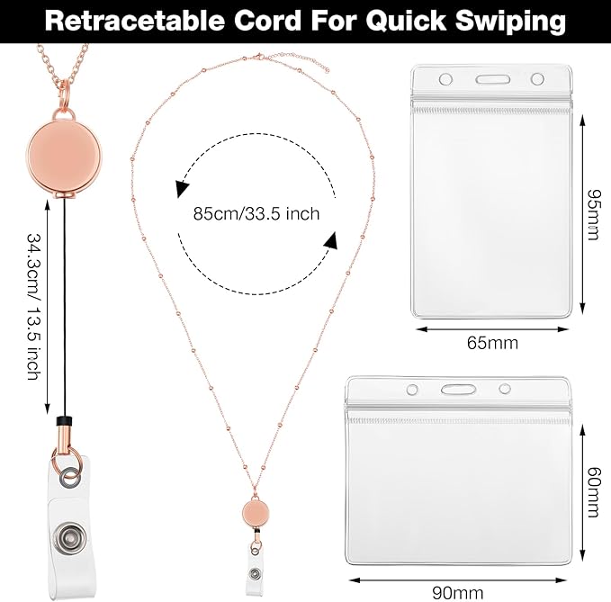Outus 2 Pieces Badge Lanyard with ID Holders Stainless Steel Badge Holders Necklace Retractable Reel Clip Chain Water Resistant Name(Rose Gold)