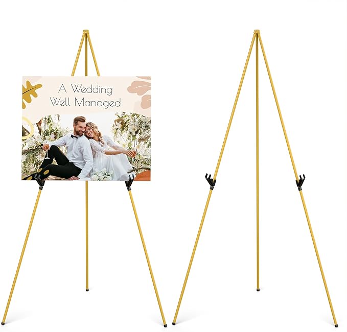 Display Artist Easel Stand - 63" Instant Tripod Collapsible Portable Floor Easel - Easy Folding Adjustable Art Poster Metal Stand for Display Show, Wedding, Painting - Gold