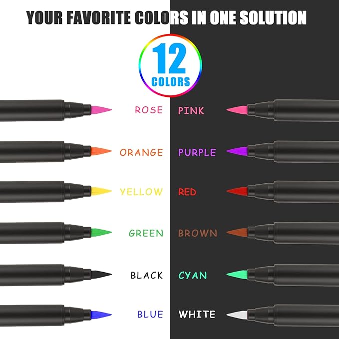 SMOOTHERPRO 12 Acrylic Paint Pens, Brush Tip (1-6mm) Acrylic Paint Markers, Fabric Markers for Textile, Canvas, Rock, Glass, Wood, Paper, Pumpkin, DIY