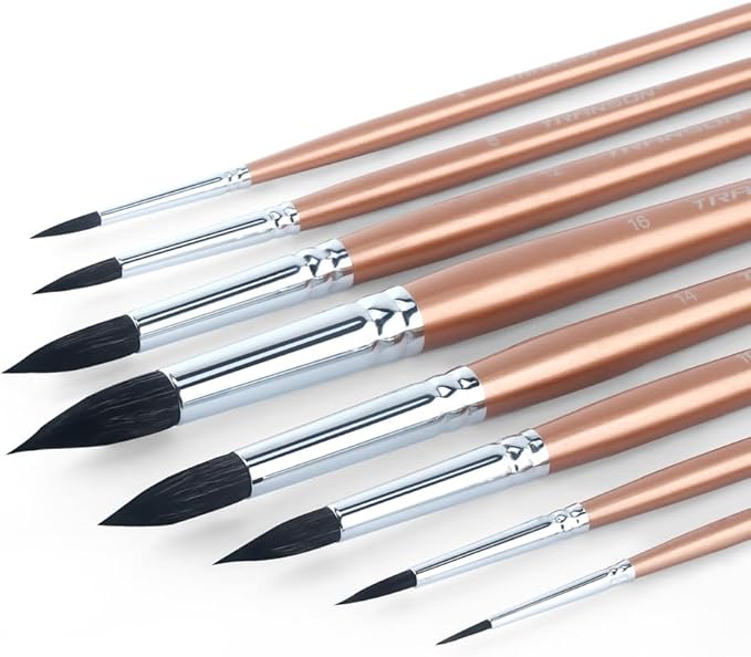 Transon 8pcs Round Watercolor Paint Brush Set Goat Hair for Watercolors,Acrylics,Inks,Gouache,Oil and Tempera