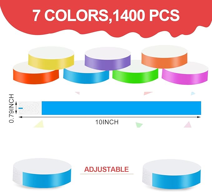 1400 Packs Paper Wristbands for Events, 7 Colors Waterproof Neon Party Wristbands Armband Paper Bracelets Identification Wristbands for Concert Club Bar Entrance Admission Party
