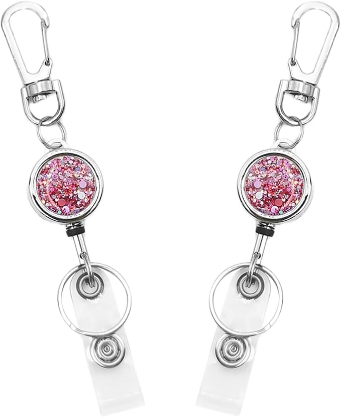 Retractable Badge Holder, Pretty Bling Pink ID Badge Reel with Retractable Cord for Name Card Keychain，Metal Retractable Key Ring for Women Nurse Teacher Student,2 Pack