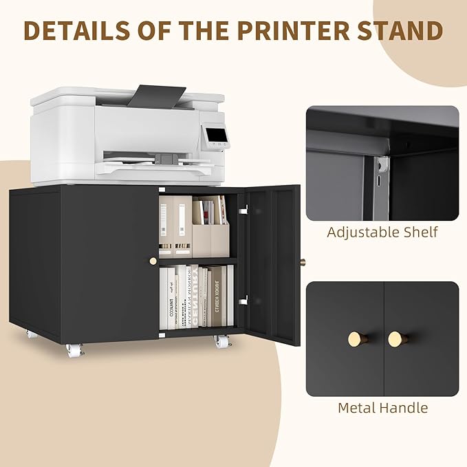 Small Space Printer Stand with Doors, Metal Fax Machine Stand with Storage, Low Printer Table, Black Modern Under Desk for Home Office, Small Carts for Scanner, Fax, Computer, Black