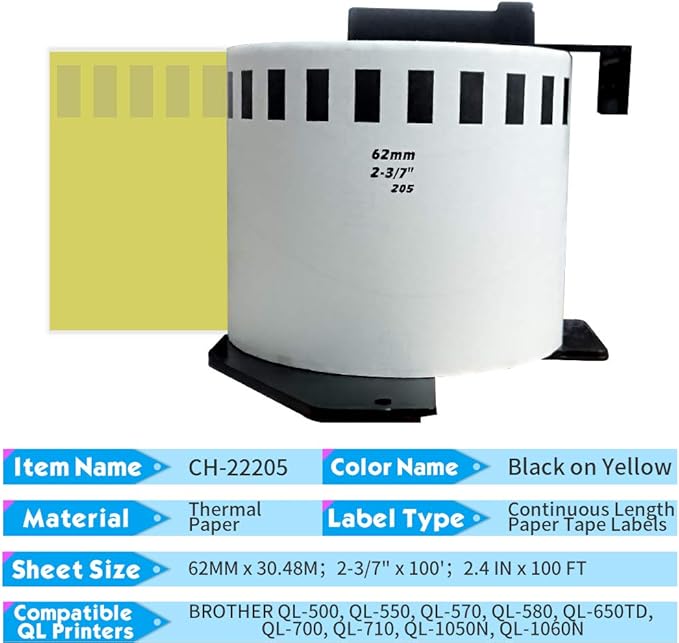 Compatible with Brother DK-2205 Continuous Paper Tape Labels DK22205 62mm x 30.48m(2-3/7" x 100') for QL-820NWB QL-710W,3Roll Non-Detachable Cartridge