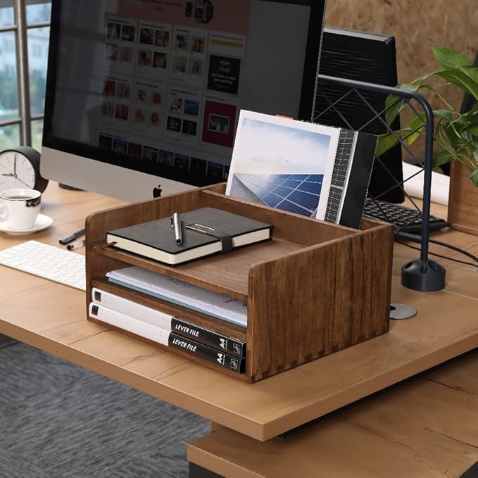 Desk Organizer for File Folder Storage with 3 Paper Letter Tray &1 Vertical Compartment- Wood Office Desktop Document Organizer Rack - Filing Folder Mail Sorter Desk accessories Dark WJJ3K-DK