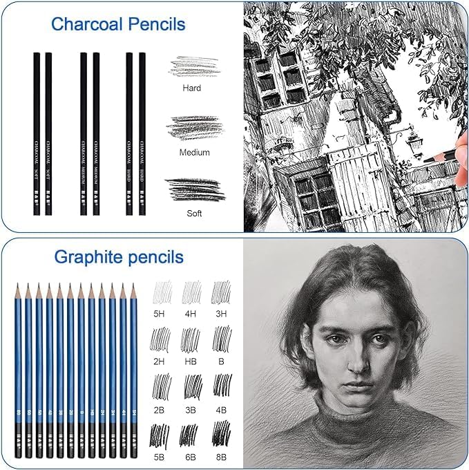 H & B 80-Pack Colored Sketching Art Pencil Set with 3-Color Sketchbook and Coloring Book - Includes Graphite, Watercolor, Metallic, and Oil-Based Colored Pencils