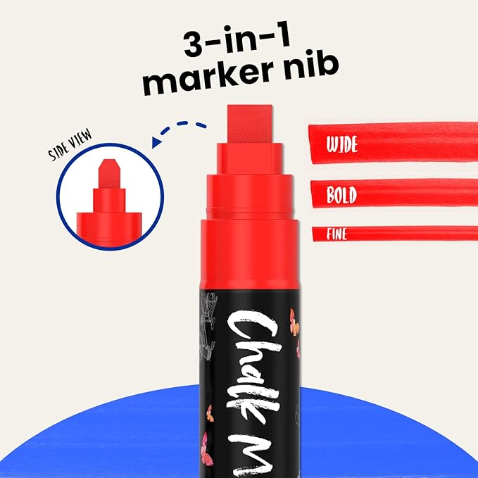 Chalkola Neon Car Window Markers - 10 Chalk Pens (with Gold, Silver) - 3 in 1 Nib, 10mm Jumbo Tip - Washable Liquid Chalk Markers for Blackboard, Chalkboard, Glass, Cars - Erasable Window Glass Pens