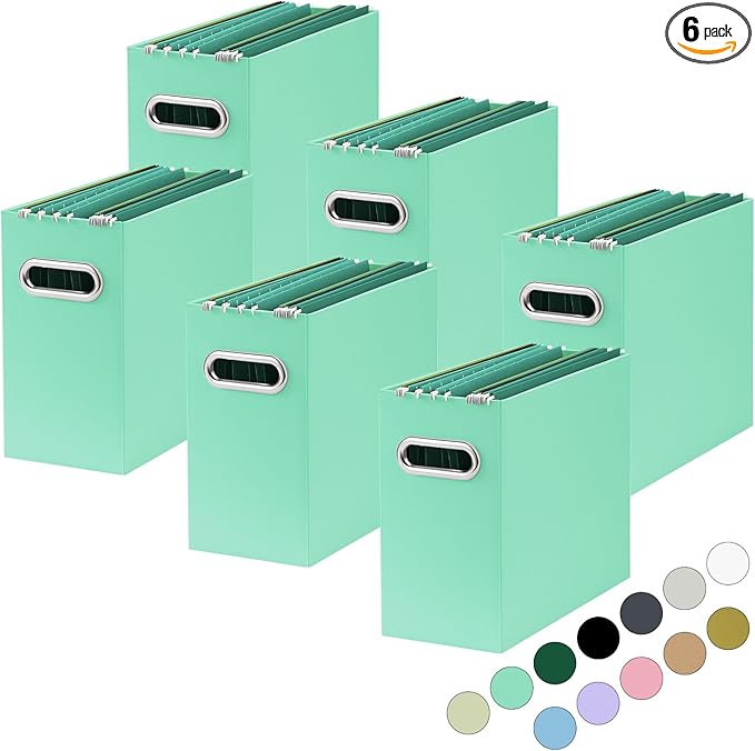 Oterri File Organizer, Small Storage Box, Cardboard File Folder Organizer, Collapsible File Box, Hanging File Organizer for Letter Size, Portable File Box with Handle, Only Box (Mint Green,6 Packs)
