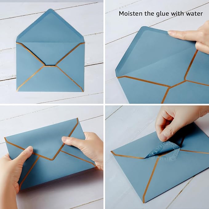 50 Pack A7 Envelopes Dusty-Blue 5 x 7 Self-Adhesive V Flap Envelopes with Gold Border for Office, Greeting Card, Wedding, Graduation, Baby Shower, Parties, Invitations