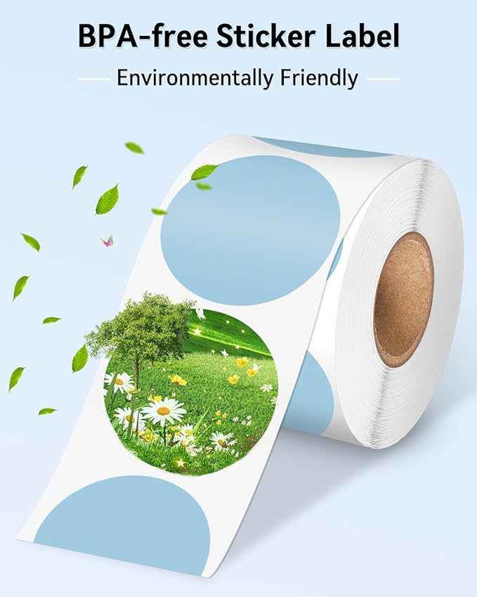 Phomemo 2” Color Circle Thermal Labels, Self-Adhesive Round Direct Sticker Labels, Circular Thermal Printer Label for Logo Design, Name/Price Tag, Thanks Card, Address, QR Code, 750 Labels/Roll, Blue