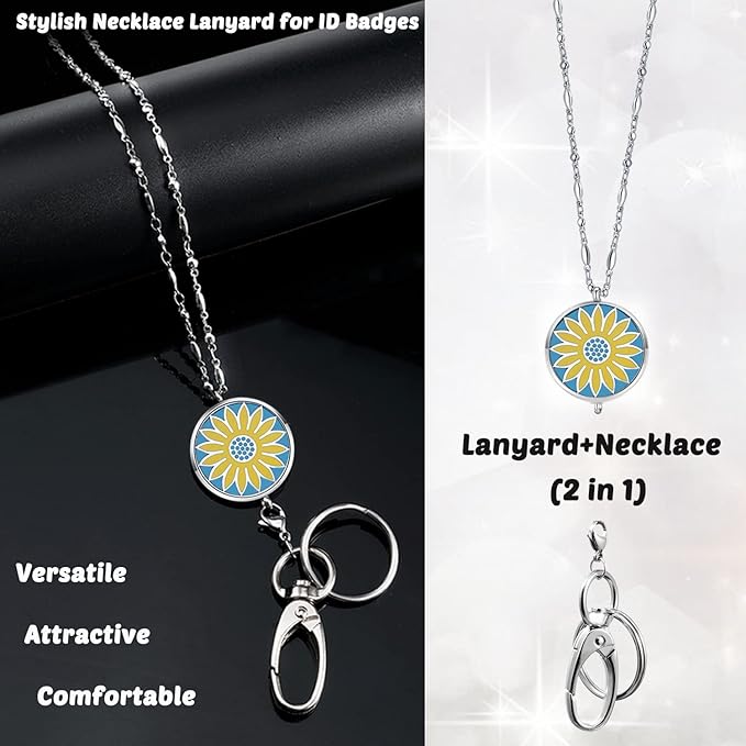 Lanyards for Women - Teacher Lanyards for ID Badges and Keys Stainless Steel Necklace Lanyard with ID Holder, Teacher Appreciation Gifts Sunflower Female Employee Nurse Accessories Work Office Jewelry