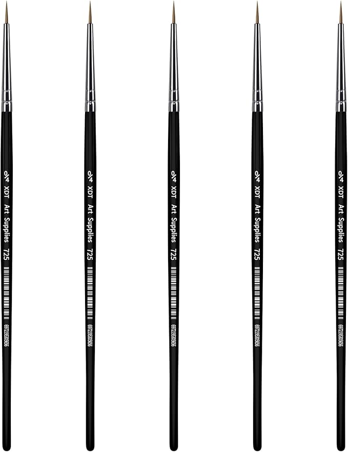 XDT#725 Micro Detail Artist Pin Point Painting Brush Set of 5 Piece #0000 Brushes Set, Acrylic Watercolor Oil, Fine Detailing Painting, Art, Scale Models, Easy Grip Handles