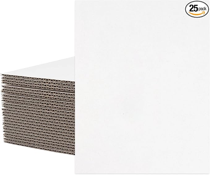 Mat Board Center, 25 pack 8.5x11 Corrugated Cardboard sheet, 1/8 inch thick, Flat Cardboard Inserts for Mailing, Packaging & Shipping, Cardboard Backing, Craft Card Board (White on one side)