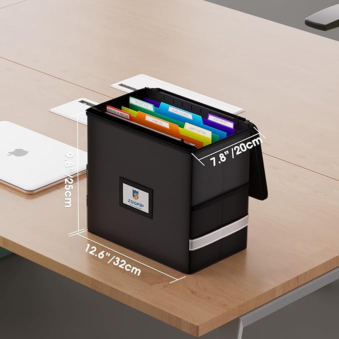 Fireproof File Box with Hanging File Folders, 7x1.2" Accordion Pockets, Hanging File Organizer for Letter Size, Retractable Hook, 1/3-Cut Tab (Folders+Box-12.6''*7.8''*9.8'')