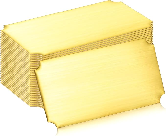 Therwen 30 Pcs Name Plates Laser Engraved Brushed Stainless Steel Plate Personalized Plaque Blank Custom Name Tag Frame Label with Adhesive Backing(Gold Notched Corner,4''x 2'')