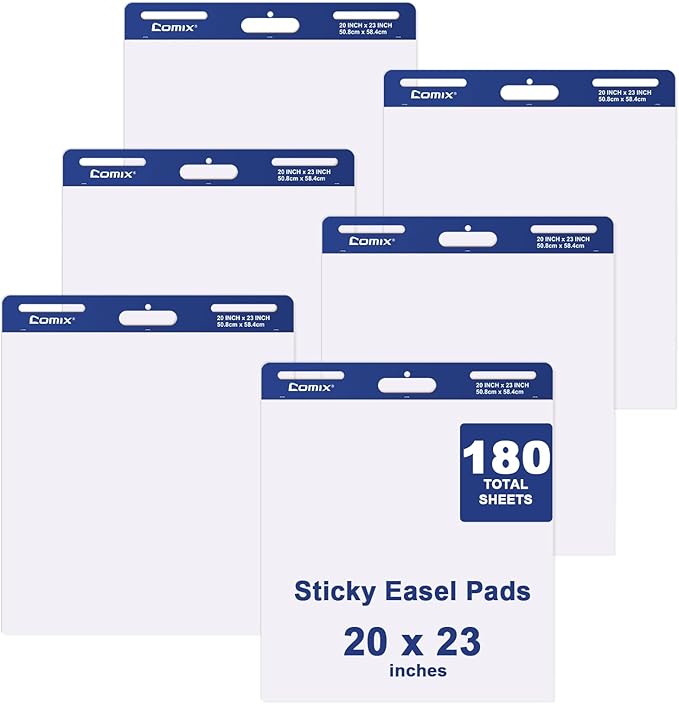 Comix Sticky Easel Pad, 20 x 23 Inches Flip Chart Paper for Teachers, Large Self Stick Easel Paper, 30 Sheets/Pad, 6 Pads/Pack