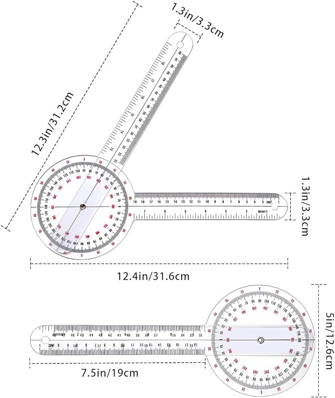 Goniometer 12 inch, Transparent Orthopedic Angle Ruler Plastic Goniometer, 360 Degree Clear Protractor Physical Therapy for Body Measuring Tape Goniometer Protractor Ruler