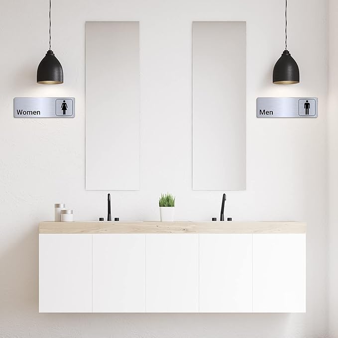Brushed Aluminum Restroom Signs, Men and Women Modern Restroom Sign, 9 x 3 Inch Bathroom Door Signage Decor for Offices Business Restaurants (2 Pcs)