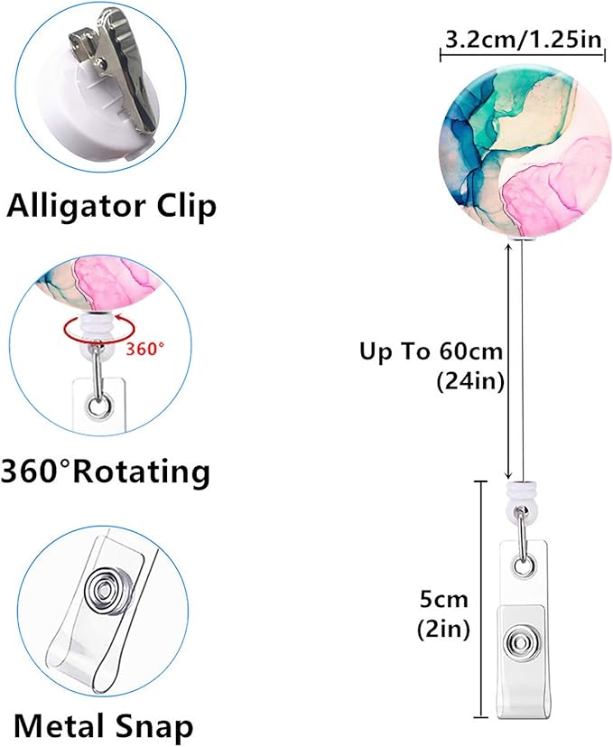 Retractable ID Badge Holder Nurse Badge Reels with Clip Name Card Holders for Office Worker Doctor Nurse (3Pack Pretty Colorful Marble)