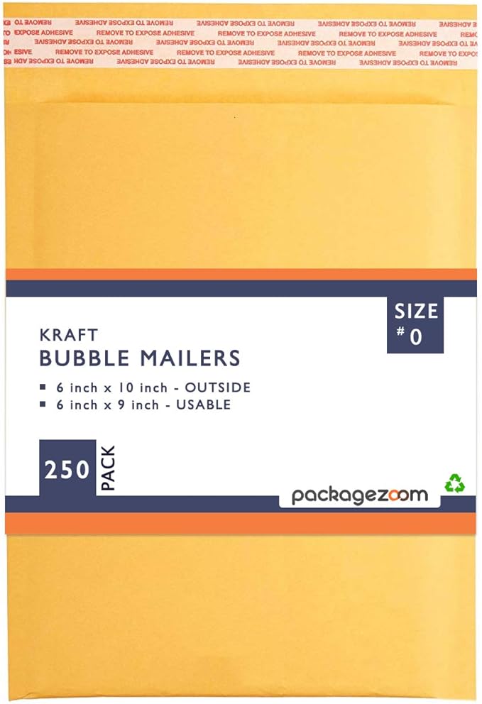 PackageZoom #0 6x10 Padded Envelopes Kraft Bubble Mailer Shipping Envelopes 250 Pack