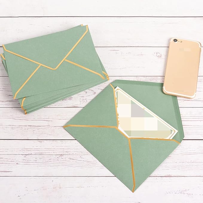50 Pack A4 Envelopes Sage Green 4x6 Self-Adhesive V Flap Envelopes with Gold Border for Office, Wedding Gift Cards, Invitations, Graduation, Baby Shower, Parties (4.25x6.25 inches)