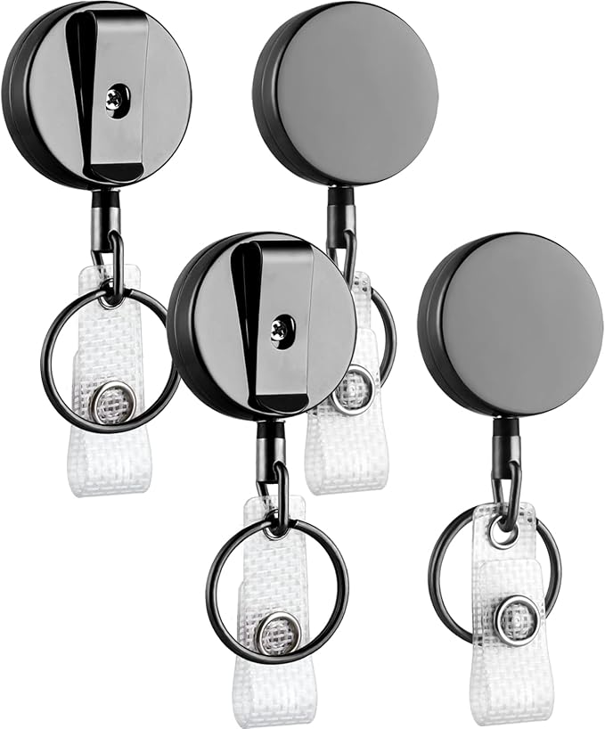 Will Well ID Badge Holder Reel with Clip and Keyring - Heavy-Duty All-Metal Casing with 27.5" UHMWPE Fiber Pull Cord for Durability and Easy Access, Holds up to 8 Keys - 4-Pack, Round, Glossy Black