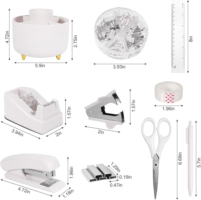 White Desk Organizers and Accessories 10Pcs Set with 360-Degree Rotating Pen Holder, Tape Dispenser, Stapler, Staple Remover, 1000 Staples, Tape, Clips Set, Ruler, Scissor, Pen