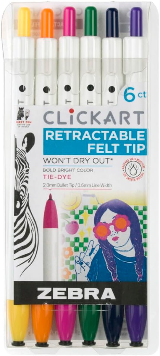 Zebra Pen ClickArt Retractable Marker Pen, Fine Point, 0.6mm, Assorted Tie-Dye Colors, 6-Pack, Model Number: 69106