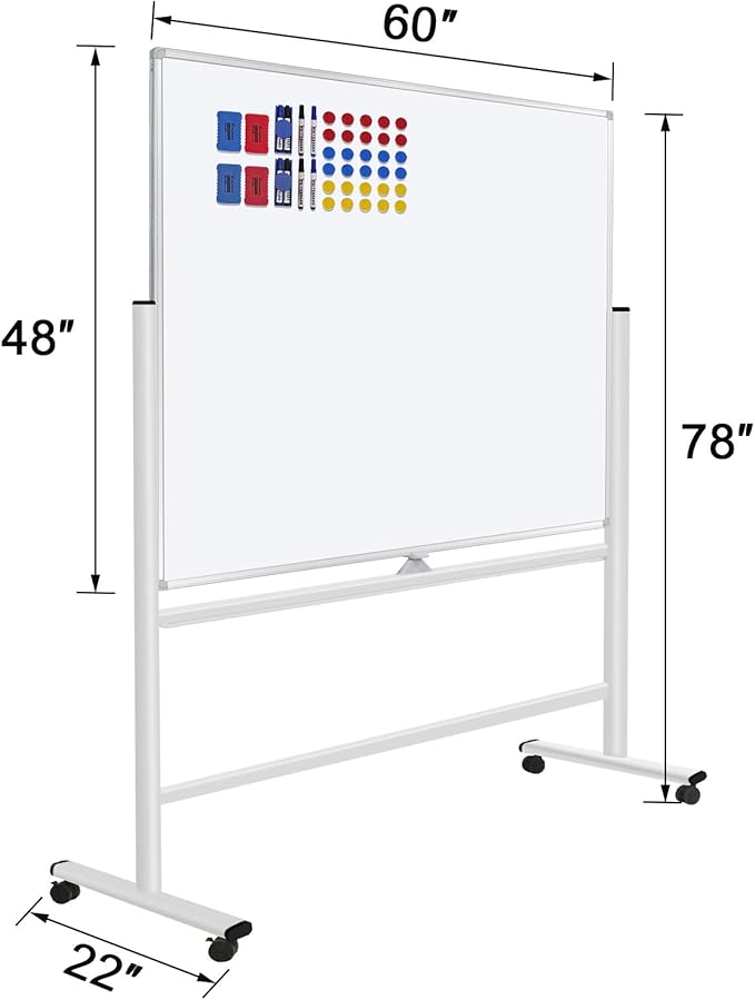 H-Qprobd 60"x48" Mobile Whiteboard Double-Sided Magnetic Dry Erase Board on Wheels - Comercial Rolling White Boards with Sturdy Stand for Home, Office & School