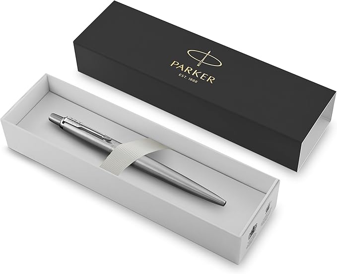 Parker Jotter Ballpoint Pen, Stainless Steel with Chrome Trim, Medium Point Blue Ink, Ideal Office Supplies, Gift Box