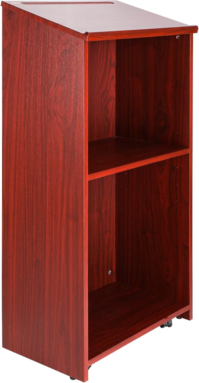 VEVOR Podium Stand, 47 inch Hostess Stand with 4 Rolling Wheels, Wood Podium with Storage Shelves and Slant Desktop, Lecterns & Podiums for Home, Office, School, Church, Brown