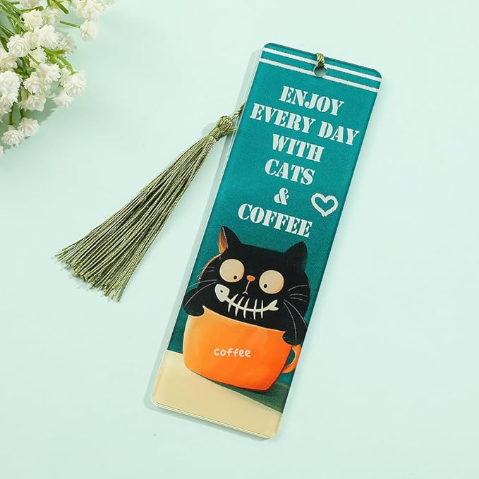 1pc Cute Pet Cat Tassel Bookmark - Acrylic Bookmarks for Book Lovers, Gifts for Teachers Students Reading Markers Ideal Gift for Back to School Season (Light Green Fringe)