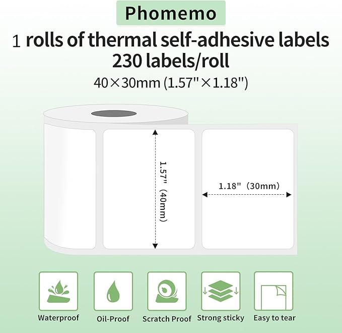 Phomemo Thermal Labels-for M110/M221/M220/M120/M200,1.57"x1.18"(40x30mm),230 Labels/Roll, for Barcode/Address/Mailing/Logo/Business/Home Tag