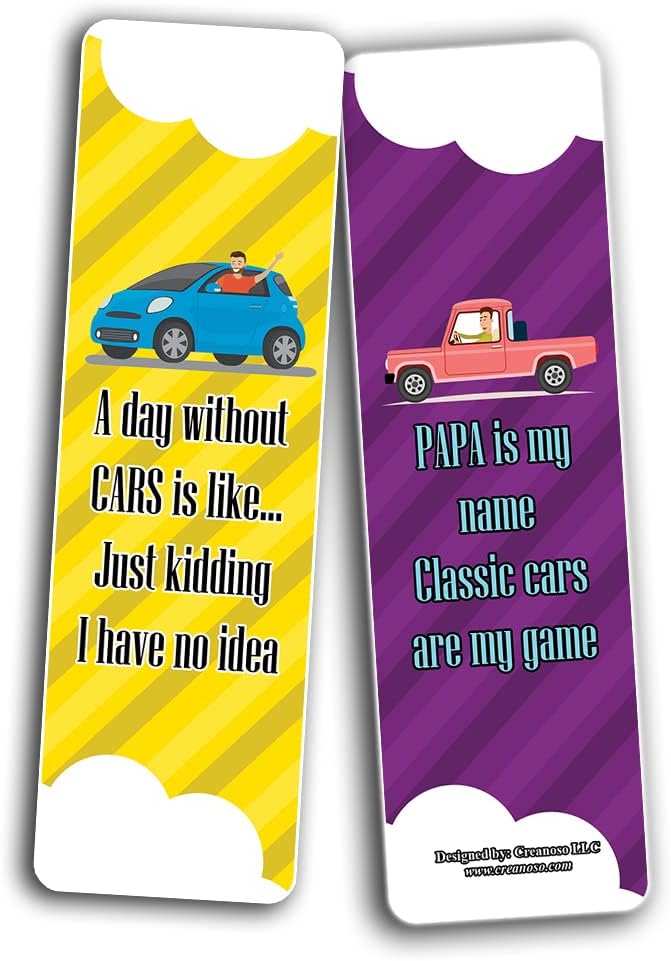 Creanoso A Car Lover Guy Uproarious Humor Bookmarks Sayings (10-Sets x 6 Cards) – Great Bulk Set Incentive Page Binders for Bookworm, Bibliophiles – Stocking Stuffers Gifts Rewards Token Ideas